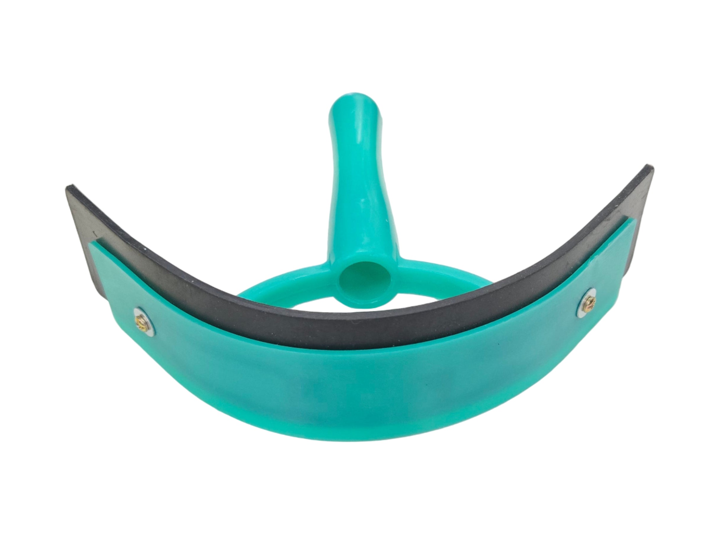 Teal and black curved tool on a white surface with a blurred background